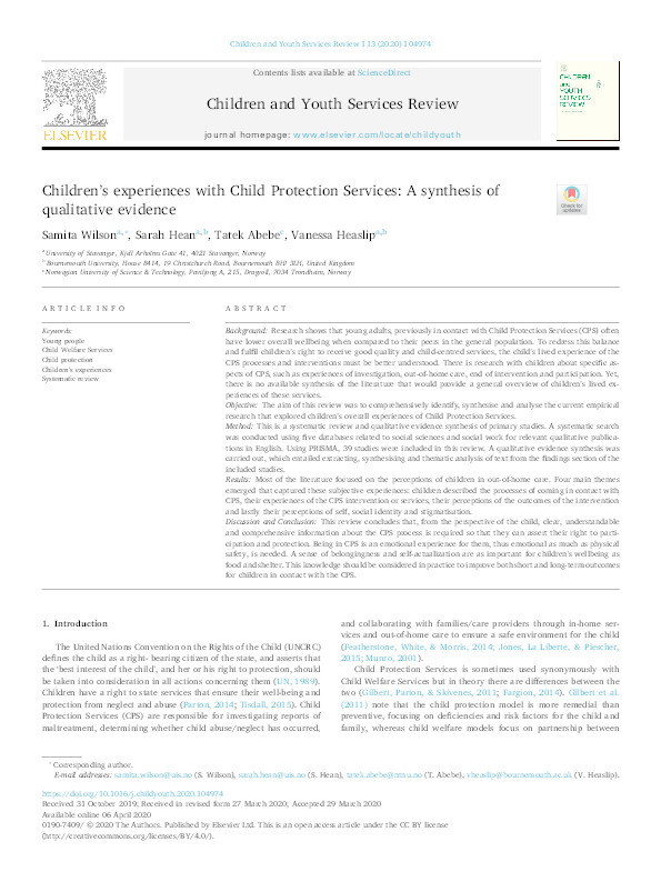 Children’s experiences with Child Protection Services: a synthesis of qualitative evidence Thumbnail