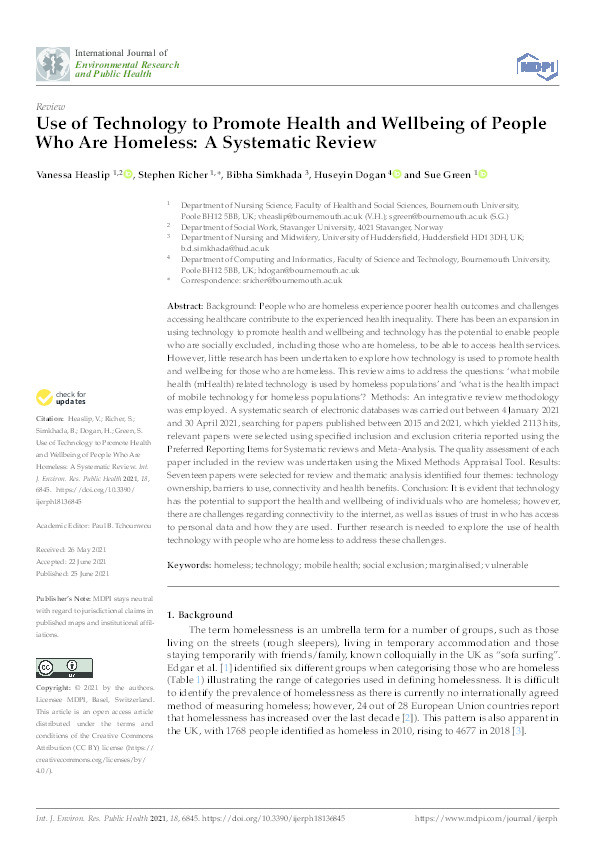 Use of technology to promote health and wellbeing of people who are homeless: a systematic review Thumbnail