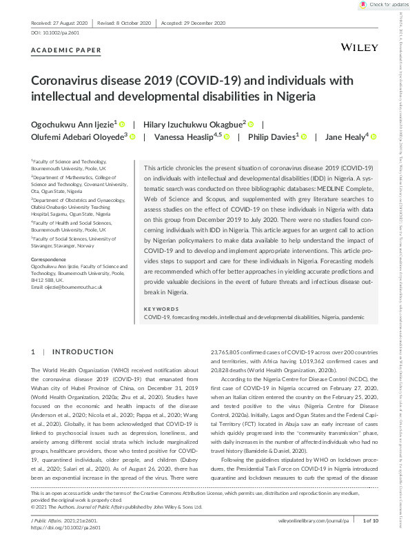 Coronavirus disease 2019 ( COVID ‐19) and individuals with intellectual and developmental disabilities in Nigeria Thumbnail