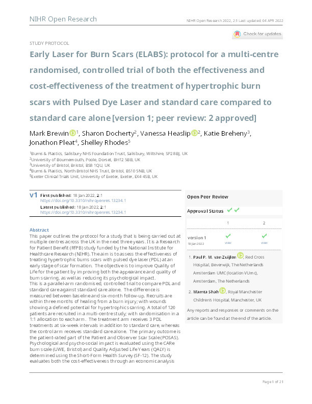 Early Laser for Burn Scars (ELABS): protocol for a multi-centre randomised, controlled trial of both the effectiveness and cost-effectiveness of the treatment of hypertrophic burn scars with Pulsed Dye Laser and standard care compared to standard care alone [version 1; peer review: 2 approved] Thumbnail