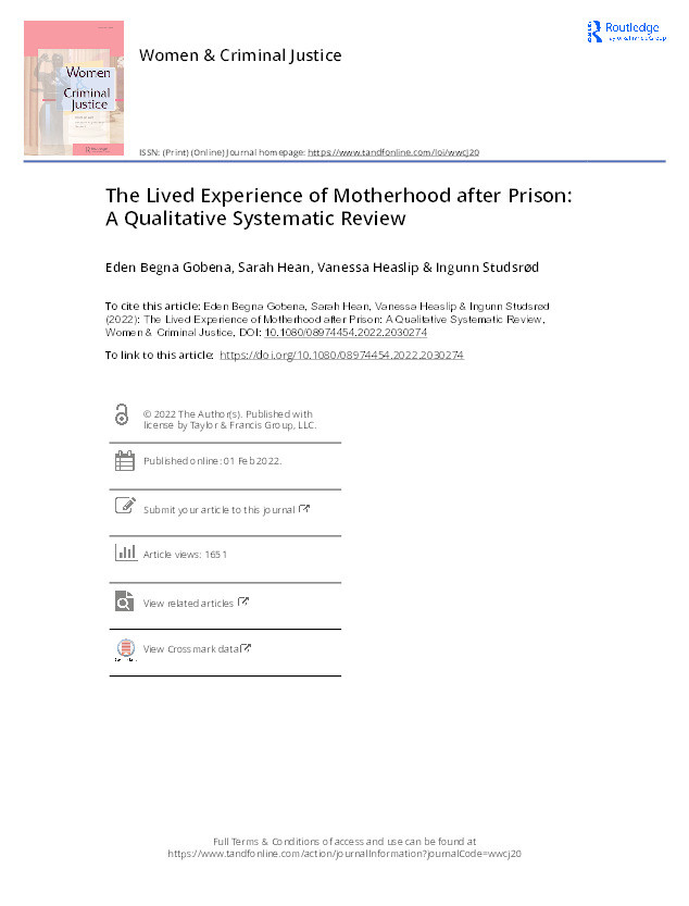 The lived experience of motherhood after prison: A qualitative systematic review Thumbnail