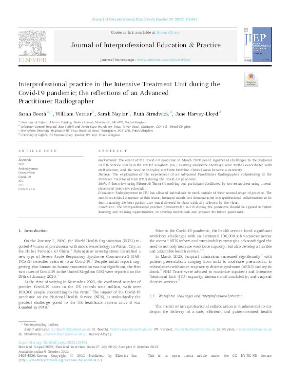 Interprofessional practice in the intensive treatment unit during the Covid-19 pandemic; the reflections of an advanced practitioner radiographer Thumbnail