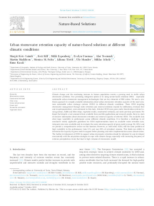 Urban stormwater retention capacity of nature-based solutions at different climatic conditions Thumbnail