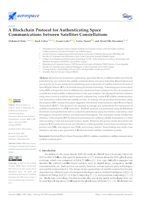 A blockchain protocol for authenticating space communications between satellites constellations Thumbnail