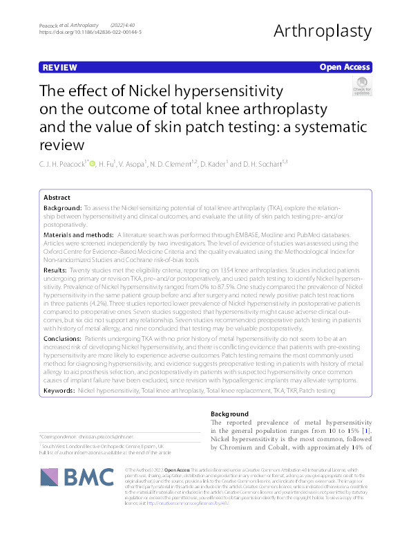 The effect of Nickel hypersensitivity on the outcome of total knee arthroplasty and the value of skin patch testing: a systematic review Thumbnail