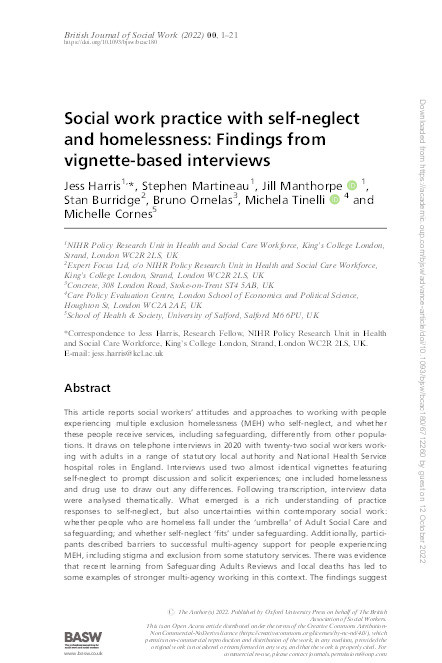 Social work practice with self-neglect and homelessness: Findings from vignette-based interviews Thumbnail