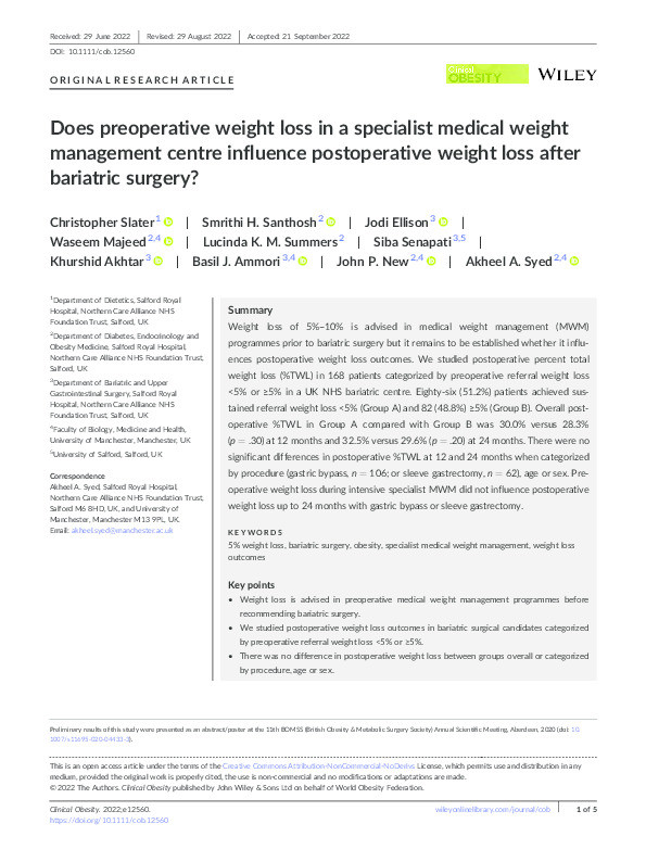 Does preoperative weight loss in a specialist medical weight management centre influence postoperative weight loss after bariatric surgery? Thumbnail