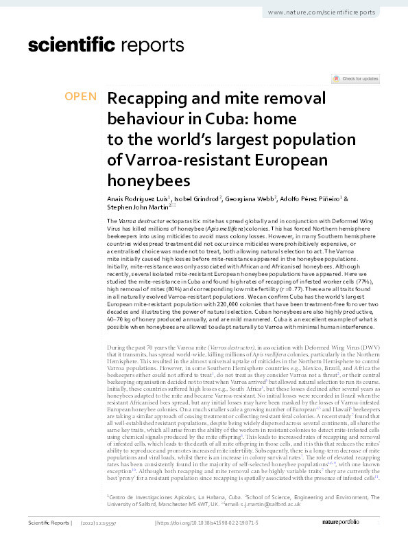Recapping and mite removal behaviour in Cuba: home to the world's largest population of Varroa-resistant European honeybees Thumbnail