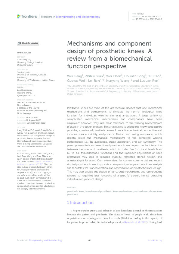 Mechanisms and component design of prosthetic knees : a review from a biomechanical function perspective Thumbnail