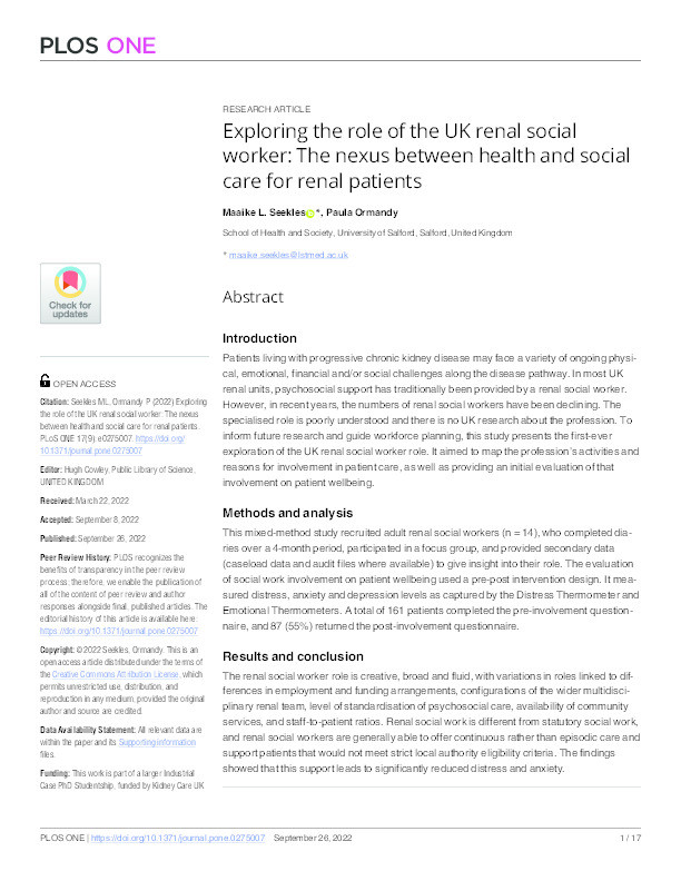Exploring the role of the UK renal social worker: the nexus between health and social care for renal patients Thumbnail