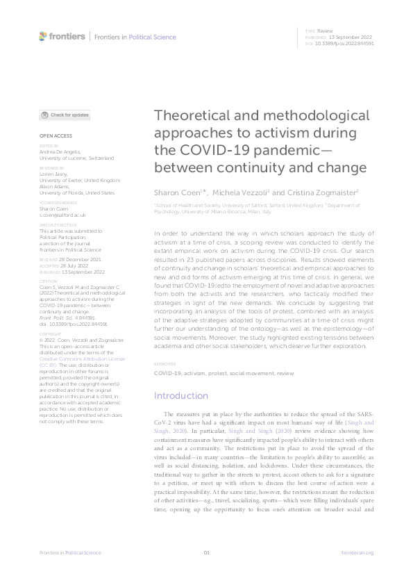 Theoretical and methodological approaches to activism during the COVID-19 pandemic — between continuity and change Thumbnail