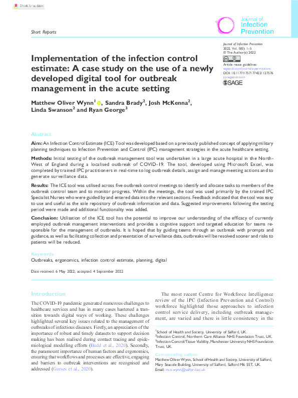 Implementation of the infection control estimate : A case study on the use of a newly developed digital tool for outbreak management in the acute setting Thumbnail