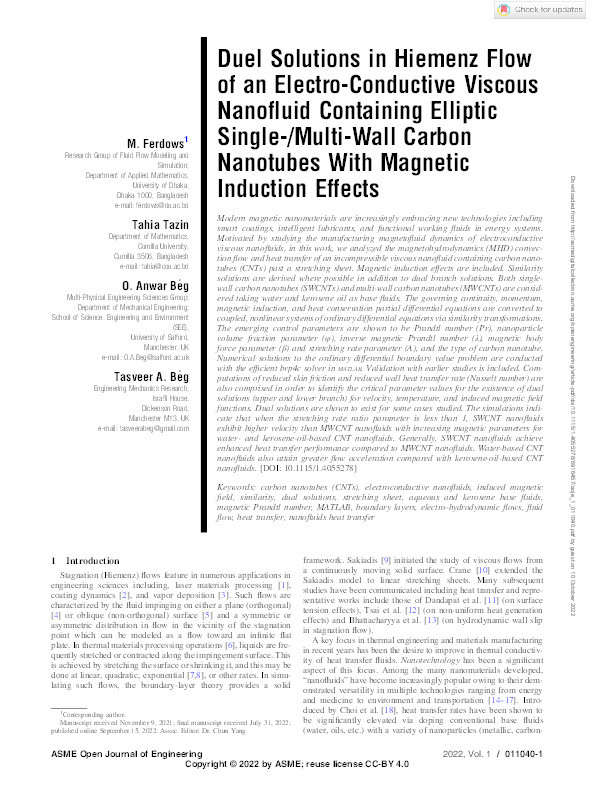Duel solutions in Hiemenz flow of an electro-conductive viscous nanofluid containing elliptic single-/multi-wall carbon nanotubes with magnetic induction effects Thumbnail