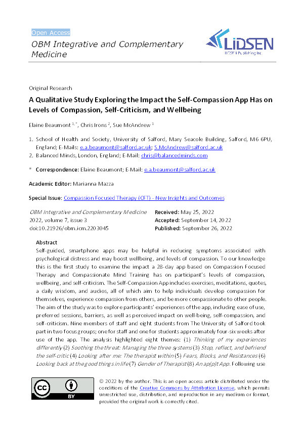 A Qualitative Study Exploring the Impact the Self-Compassion App Has on Levels of Compassion, Self-Criticism, and Wellbeing Thumbnail