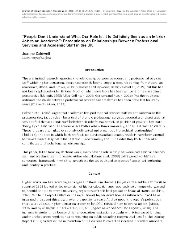 “People don’t understand what our role is, it is definitely seen as an inferior job to an academic”: 
perceptions on relationships between professional services and academic staff in the UK Thumbnail