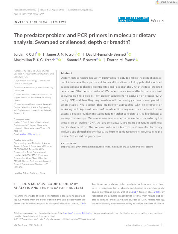 The predator problem and PCR primers in molecular dietary analysis: Swamped or silenced; depth or breadth? Thumbnail