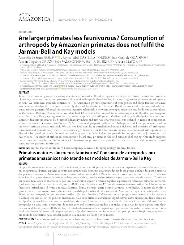 Are larger primates less faunivorous? Consumption of arthropods by Amazonian primates does not fulfil the Jarman-Bell and Kay models Thumbnail
