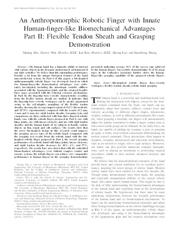 An Anthropomorphic Robotic Finger With Innate Human-Finger-Like Biomechanical Advantages Part II: Flexible Tendon Sheath and Grasping Demonstration Thumbnail