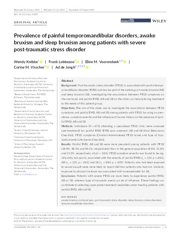 Prevalence of painful temporomandibular disorders, awake bruxism and sleep bruxism among patients with severe post‐traumatic stress disorder Thumbnail