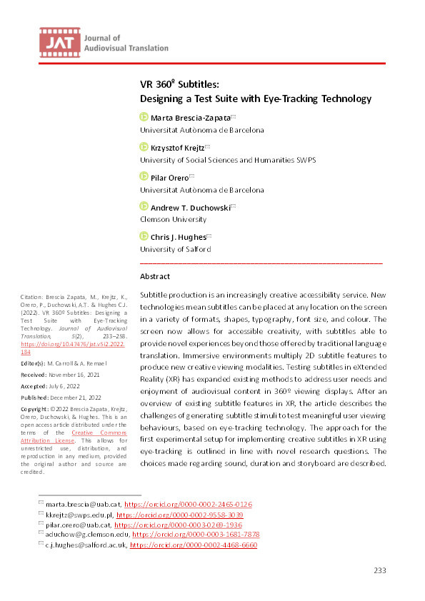 VR 360º subtitles: designing a test suite with eye-tracking technology Thumbnail