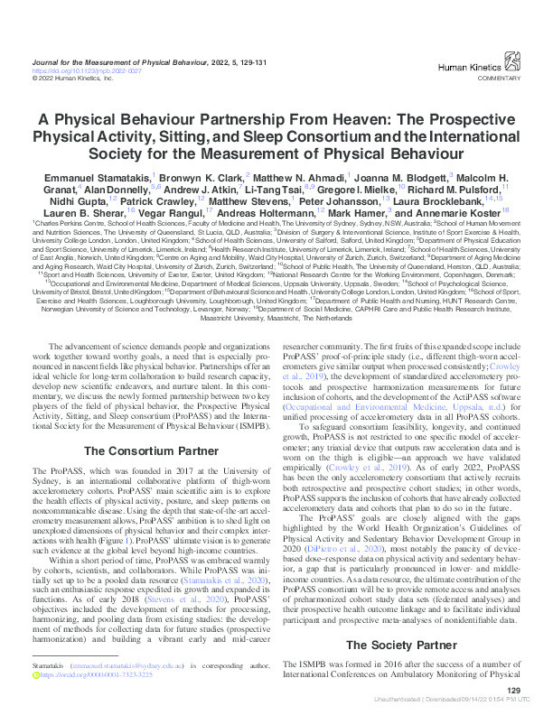 A physical behaviour partnership from heaven: the prospective physical activity, sitting, and sleep consortium and the international society for the measurement of physical behaviour Thumbnail