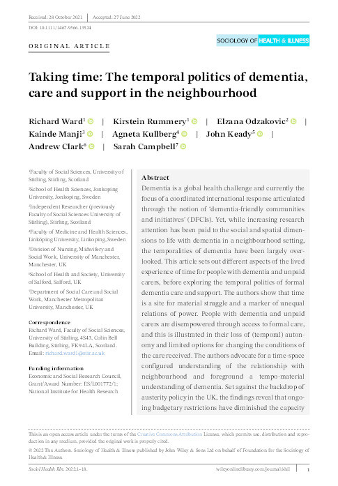 Taking time: the temporal politics of dementia, care and support in the neighbourhood Thumbnail