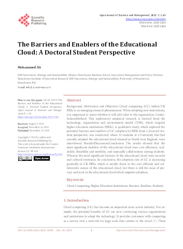 The barriers and enablers of the educational cloud: a doctoral student perspective Thumbnail