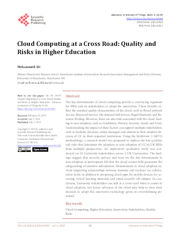 Cloud computing at a cross road: quality and risks in Higher Education Thumbnail