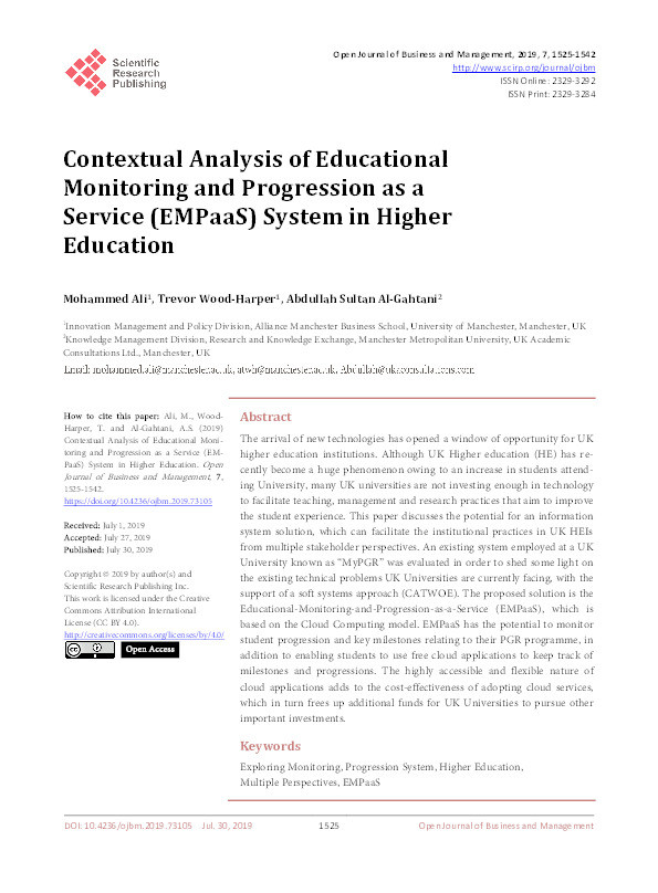 Contextual Analysis of Educational Monitoring and Progression as a Service (EMPaaS) System in Higher Education Thumbnail