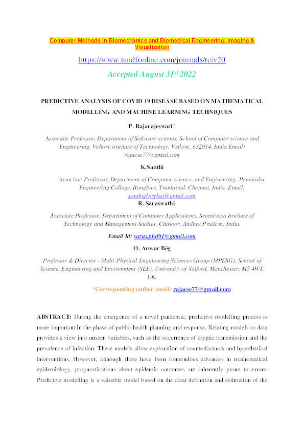 Predictive analysis of Covid 19 disease based on mathematical modelling and machine learning techniques Thumbnail