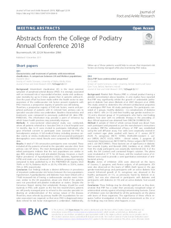 Abstracts from the College of Podiatry Annual Conference 2018 : Bournemouth, UK. 22-24 November 2018 Thumbnail