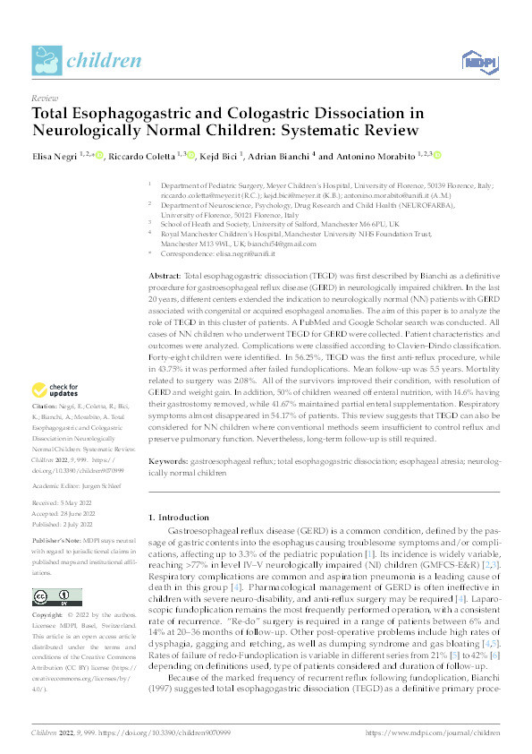 Total esophagogastric and cologastric dissociation in neurologically normal children: systematic review. Thumbnail