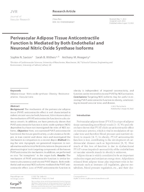 Perivascular adipose tissue anticontractile function is mediated by both endothelial and neuronal nitric oxide synthase isoforms. Thumbnail