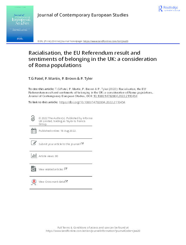 Racialisation, the EU Referendum result and sentiments of belonging in the UK: a consideration of Roma populations Thumbnail