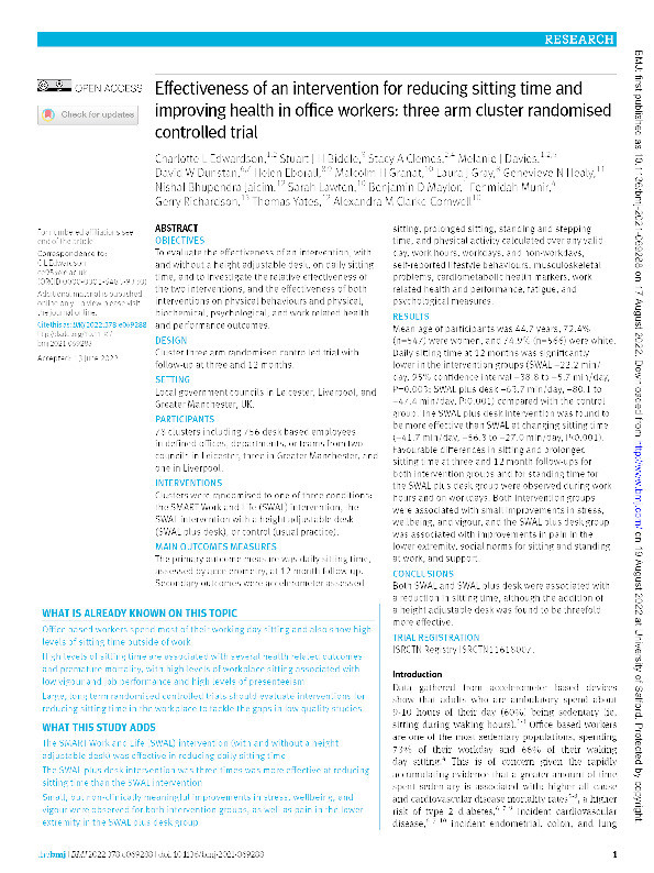 Effectiveness of an intervention for reducing sitting time and improving health in office workers: three arm cluster randomised controlled trial Thumbnail