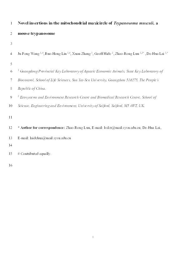 Novel insertions in the mitochondrial maxicircle of Trypanosoma musculi, a mouse trypanosome Thumbnail