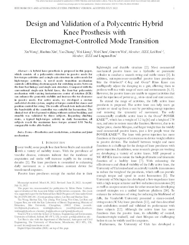 Design and validation of a polycentric hybrid knee prosthesis with electromagnet-controlled mode transition Thumbnail