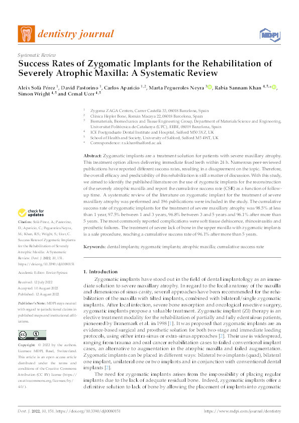 Success rates of zygomatic implants for the rehabilitation of severely atrophic maxilla: a systematic review Thumbnail