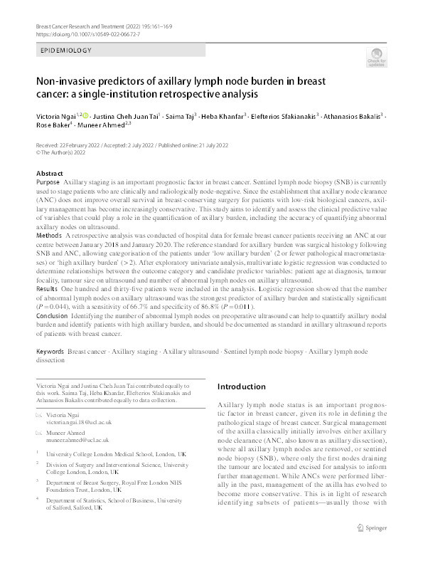 Non-invasive predictors of axillary lymph node burden in breast cancer: a single-institution retrospective analysis Thumbnail