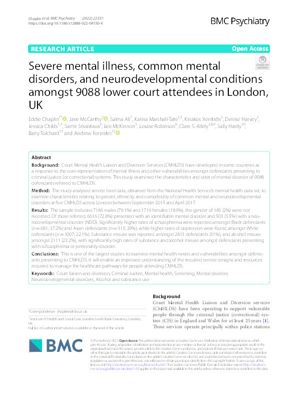 Severe mental illness, common mental disorders, and neurodevelopmental conditions amongst 9088 lower court attendees in London, UK Thumbnail
