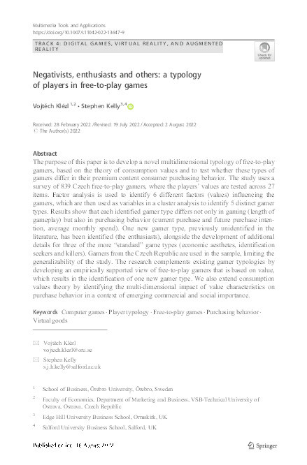 Negativists, enthusiasts and others: a typology of players in free-to-play games Thumbnail
