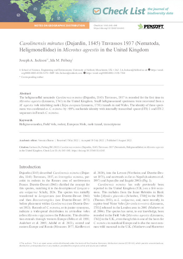 Carolinensis minutus (Dujardin, 1845) Travassos 1937 (Nematoda, Heligmonellidae) in Microtus agrestis in the United Kingdom Thumbnail