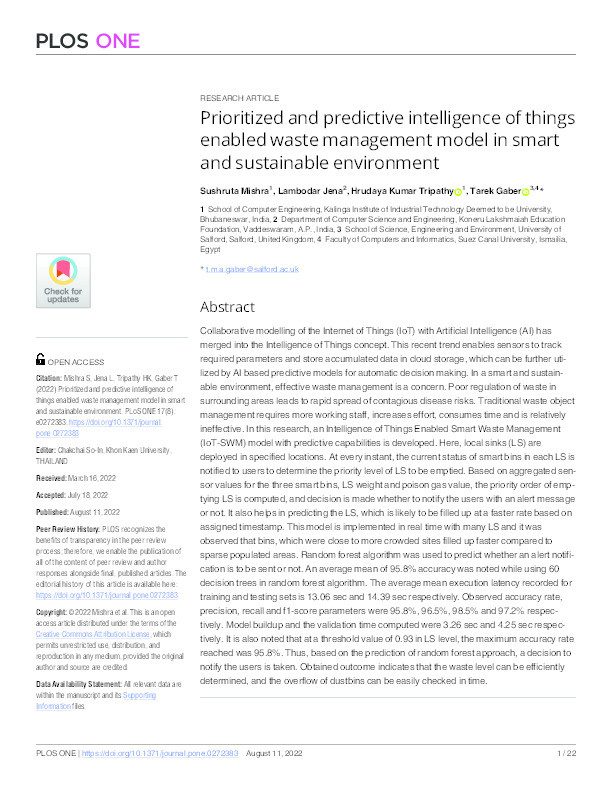 Prioritized and predictive intelligence of things enabled waste management model in smart and sustainable environment Thumbnail