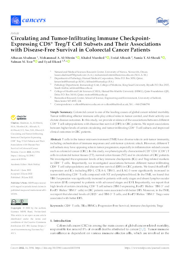 Circulating and tumor-infiltrating immune checkpoint-xepressing CD8+ Treg/T Cell subsets and their associations with disease-free survival in colorectal cancer patients Thumbnail