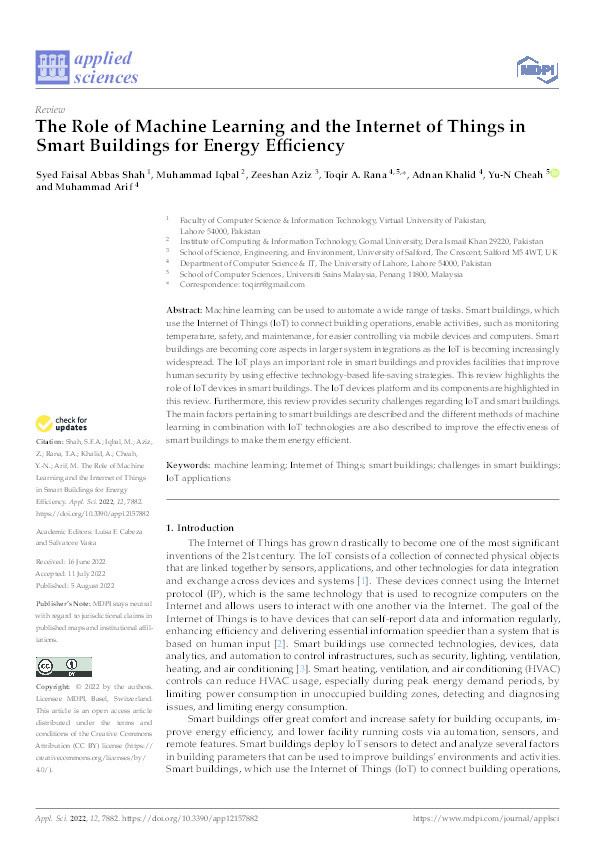 The role of machine learning and the internet of things in smart buildings for energy efficiency Thumbnail