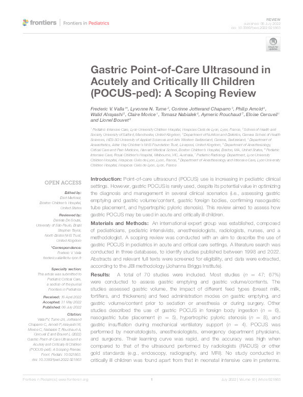 Gastric point-of-care ultrasound in acutely and critically ill children (POCUS-ped): a scoping review Thumbnail