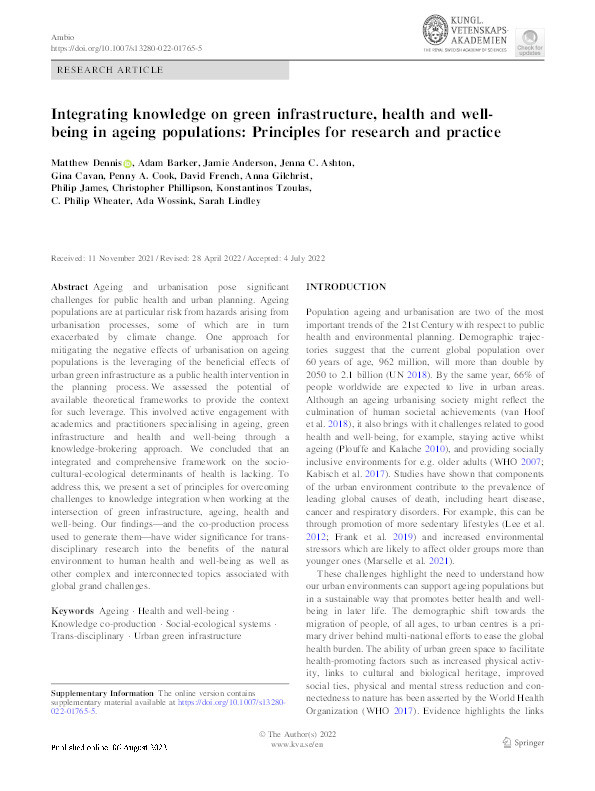 Integrating knowledge on green infrastructure, health and well-being in ageing populations: principles for research and practice Thumbnail