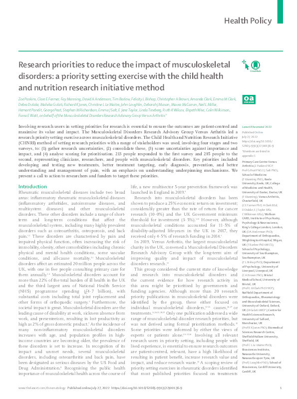 Research priorities to reduce the impact of musculoskeletal disorders: a priority setting exercise with the child health and nutrition research initiative method Thumbnail