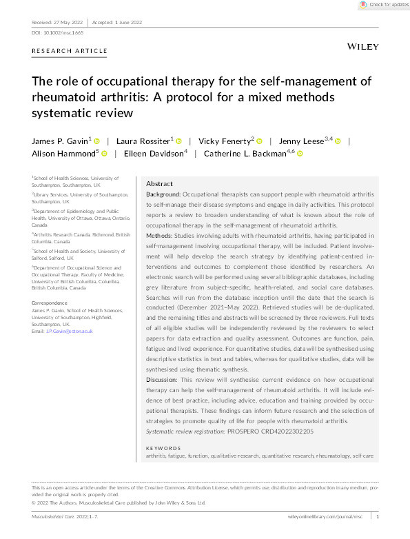 The role of occupational therapy for the self‐management of rheumatoid arthritis: A protocol for a mixed methods systematic review Thumbnail