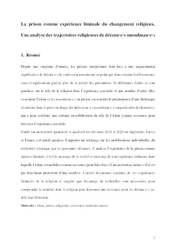 La prison comme expérience liminale du changement religieux: Une analyse des trajectoires religieuses de personnes détenues de confession musulmane Thumbnail